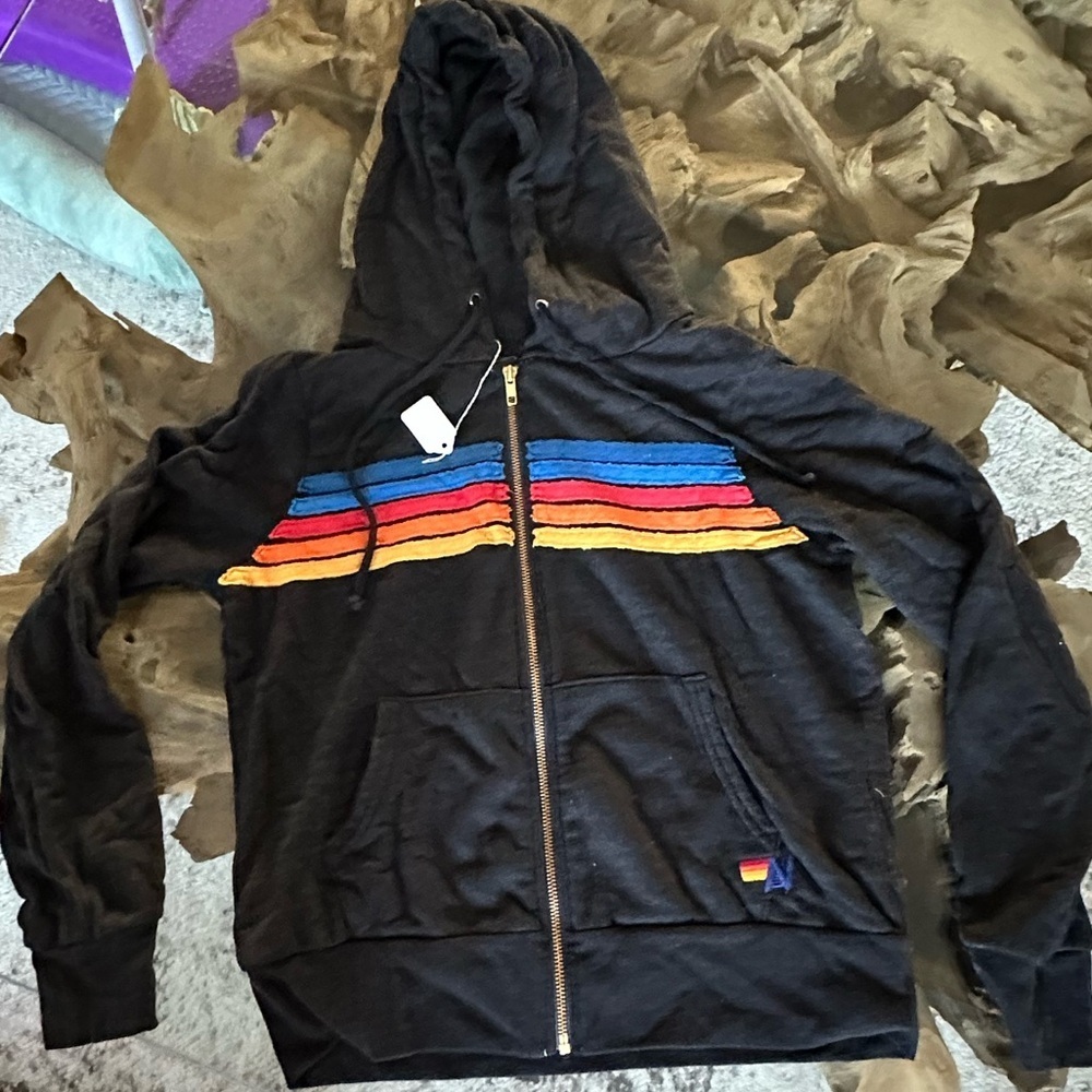 RARE Aviator Nation 5 Stripe Zip Hoodie Black Rainbow NWT XS